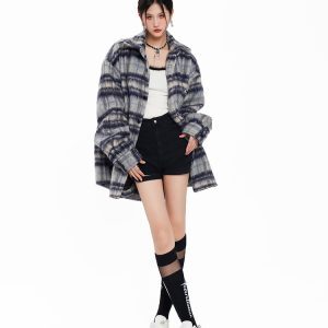 Thickened Woolen Plaid Striped Shirt Jacket for Women - Unique Design for Autumn and Winter Style