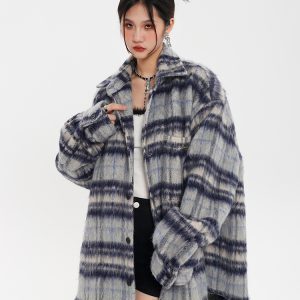 Thickened Woolen Plaid Striped Shirt Jacket for Women - Unique Design for Autumn and Winter Style