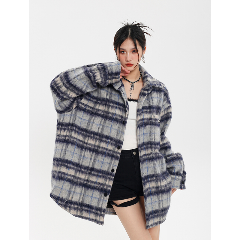 Thickened Woolen Plaid Striped Shirt Jacket for Women - Unique Design for Autumn and Winter Style
