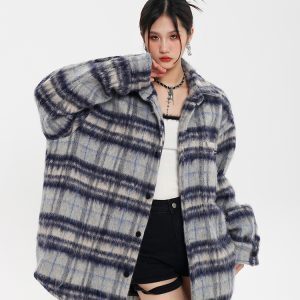 Thickened Woolen Plaid Striped Shirt Jacket for Women - Unique Design for Autumn and Winter Style