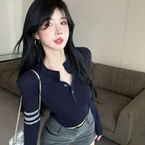 Tight-Fitting Long Sleeve T-Shirt with Shoulder Pads for Spring Music Festivals - K-Pop Inspired Jazz Dance Top for Spicy Girls