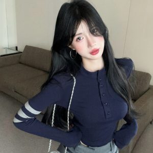 Tight-Fitting Long Sleeve T-Shirt with Shoulder Pads for Spring Music Festivals - K-Pop Inspired Jazz Dance Top for Spicy Girls