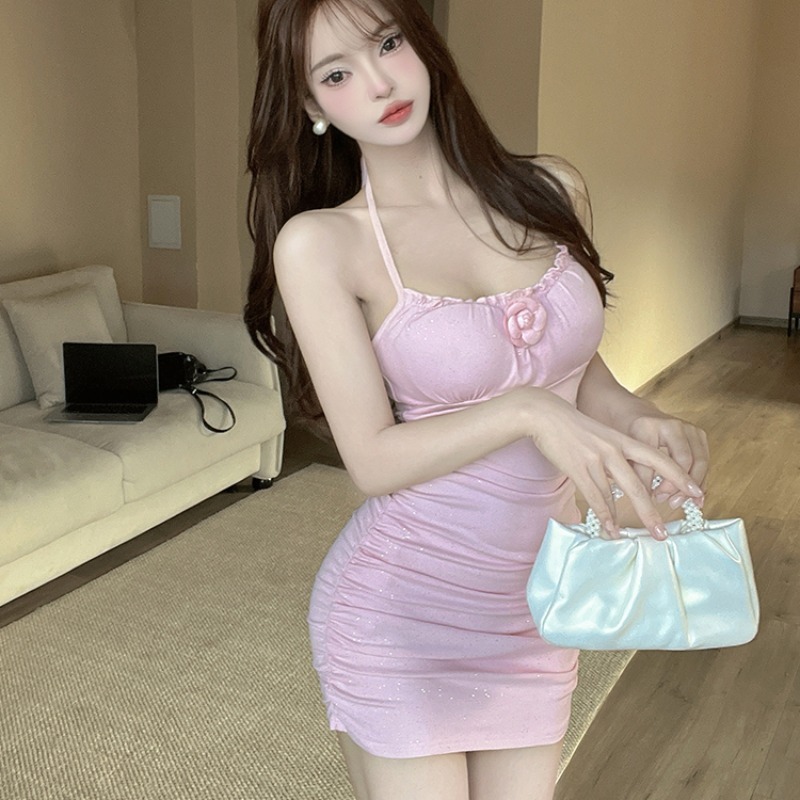 Tight-Fitting Pink Backless Halter Dress for Women - Summer Bodycon Mini Dress with Waist-Cinching Design, Sweet & Youthful Style