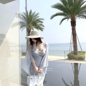 Transparent Blue Mermaid Tears Three-Layer Beaded V-Neck Mesh Bodycon Vacation Dress - Chic Summer Style, Perfect for Beach Getaways