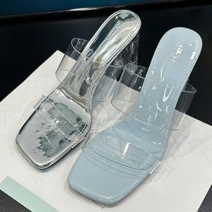 Transparent High-Heeled Sandals for Women, 2025 Summer One-Strap Chunky Heels with Crystal Detail, Sexy Evening Footwear