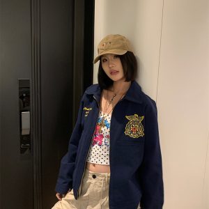 Trendy American Vintage Letter Embroidery Badge Jacket for Couples - Casual Loose Fit Versatile Spring Coat