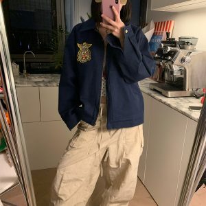 Trendy American Vintage Letter Embroidery Badge Jacket for Couples - Casual Loose Fit Versatile Spring Coat