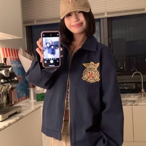 Trendy American Vintage Letter Embroidery Badge Jacket for Couples - Casual Loose Fit Versatile Spring Coat