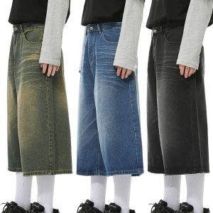 Trendy American Vintage Wide-Leg Seven-Point Denim Shorts for Men - Summer Washed Loose Fit Mid-Length Fashion Shorts