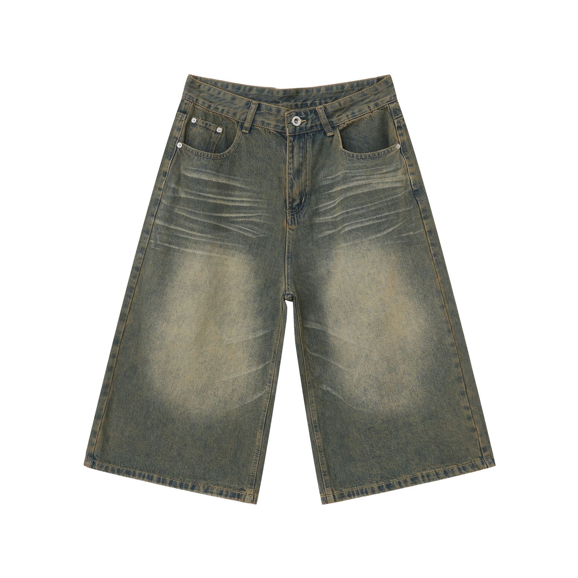 Trendy American Vintage Wide-Leg Seven-Point Denim Shorts for Men - Summer Washed Loose Fit Mid-Length Fashion Shorts