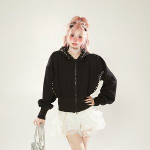 Trendy Black Pearl Design Hooded Cardigan for Women - Short High-Waisted Jacket for Spring and Autumn 2025