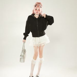 Trendy Black Pearl Design Hooded Cardigan for Women - Short High-Waisted Jacket for Spring and Autumn 2025