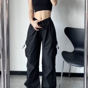 Trendy Black Wide-Leg Cargo Pants for Women - K-Pop Inspired Loose Casual Tactical Street Dance Style