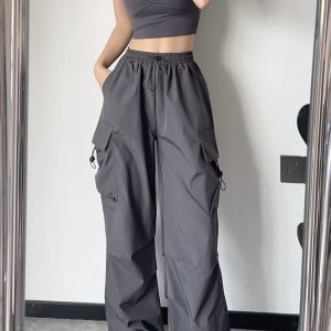 Trendy Black Wide-Leg Cargo Pants for Women - K-Pop Inspired Loose Casual Tactical Street Dance Style