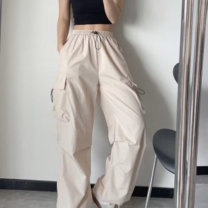 Trendy Black Wide-Leg Cargo Pants for Women - K-Pop Inspired Loose Casual Tactical Street Dance Style