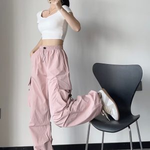 Trendy Black Wide-Leg Cargo Pants for Women - K-Pop Inspired Loose Casual Tactical Street Dance Style