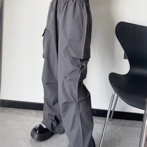 Trendy Black Wide-Leg Cargo Pants for Women - K-Pop Inspired Loose Casual Tactical Street Dance Style