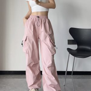 Trendy Black Wide-Leg Cargo Pants for Women - K-Pop Inspired Loose Casual Tactical Street Dance Style