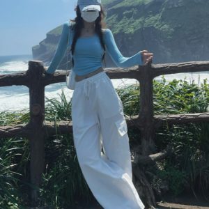 Trendy Blue Halter Off-Shoulder Slim Fit Long Sleeve Jazz Dance Crop Top for Women - Sexy Y2K Style