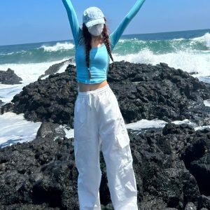 Trendy Blue Halter Off-Shoulder Slim Fit Long Sleeve Jazz Dance Crop Top for Women - Sexy Y2K Style