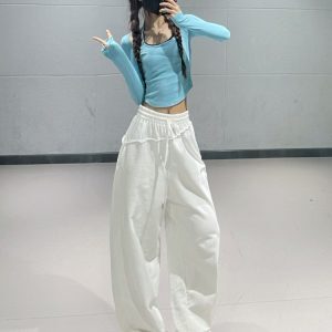 Trendy Blue Halter Off-Shoulder Slim Fit Long Sleeve Jazz Dance Crop Top for Women - Sexy Y2K Style