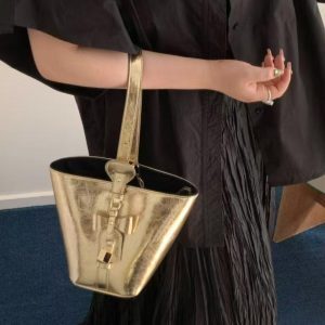 Trendy Bowknot Lock Design Bucket Bag - High-End Fluorescent Gold Women's Tote - Stylish 2025 Fashion Handbag