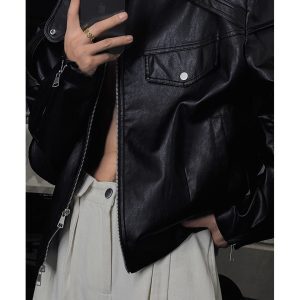 Trendy Casual Leather Jacket with Sleeve-Pressed Fold for 2024 Autumn, Versatile Layering Piece, Perfect for Y2K and Korean Style Looks
