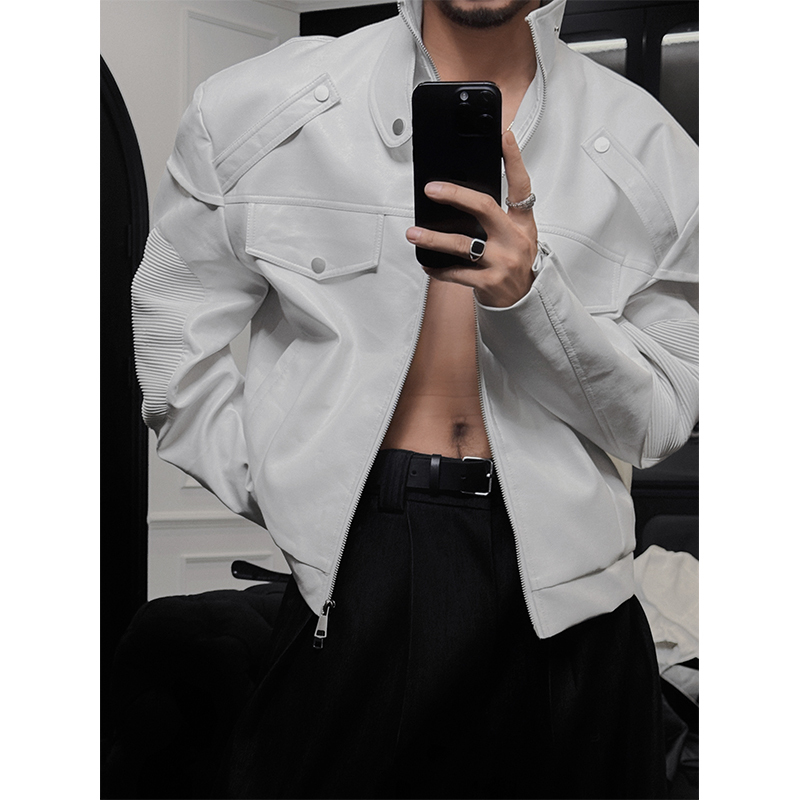 Trendy Casual Leather Jacket with Sleeve-Pressed Fold for 2024 Autumn, Versatile Layering Piece, Perfect for Y2K and Korean Style Looks