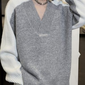 Trendy Casual Spliced Wool Blend Pullover Sweater for Autumn 2024 – Versatile Niche Design, Perfect for Fall Fashion