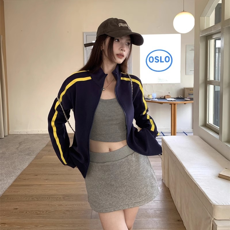 Trendy Color-Block Zipper Cardigan Jacket for Women - American Style Short Sweatshirt with Two-Stripe Design for Jazz Dance