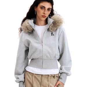 Trendy Deconstructed Short Hooded Sweatshirt Jacket for Women with Removable Fur Collar - Vintage American Style Cardigan