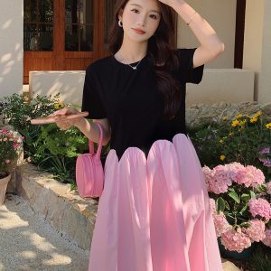Trendy Dopamine Pink Patchwork Dress for Women - Summer 2025, Unique Long Dress, Youthful Style, Perfect for 90s & Y2K Fashion.