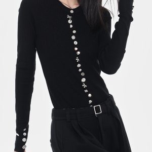 Trendy Heavy Metal Buckle Round Neck Long Sleeve Knitted Cardigan - Women's Autumn Winter Layering Essential