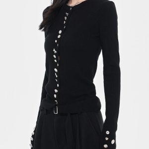 Trendy Heavy Metal Buckle Round Neck Long Sleeve Knitted Cardigan - Women's Autumn Winter Layering Essential