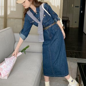 Trendy High-End Denim Dress for Women - Long Spring & Autumn Outfit with Shawl and Shirt - 2025 Style