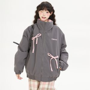 Trendy High-End Feel Cotton Coat for Women - Butterfly Knot Plaid Splicing Stand Collar Jacket, Loose Thickened Winter Outerwear