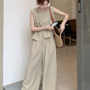 Trendy Irregular Sleeveless Top and Wide-Leg Pants Set, Women's Summer 2025 Two-Piece Outfit, Age-Reducing Style