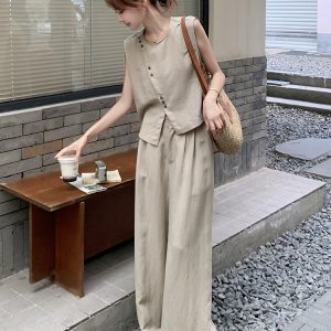 Trendy Irregular Sleeveless Top and Wide-Leg Pants Set, Women's Summer 2025 Two-Piece Outfit, Age-Reducing Style