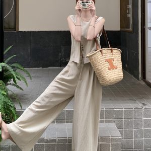 Trendy Irregular Sleeveless Top and Wide-Leg Pants Set, Women's Summer 2025 Two-Piece Outfit, Age-Reducing Style