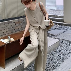 Trendy Irregular Sleeveless Top and Wide-Leg Pants Set, Women's Summer 2025 Two-Piece Outfit, Age-Reducing Style