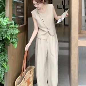 Trendy Irregular Sleeveless Top and Wide-Leg Pants Set, Women's Summer 2025 Two-Piece Outfit, Age-Reducing Style
