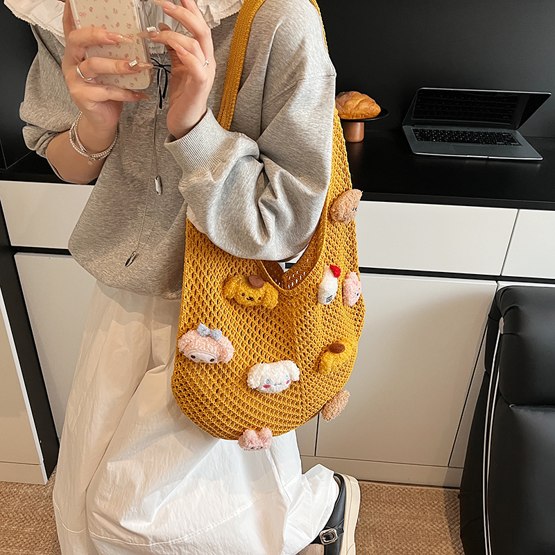 Trendy Korean Handmade Floral Yarn Tote Bag for Women - Large Capacity Woven Shoulder Bag, 2025 Fashion Must-Have