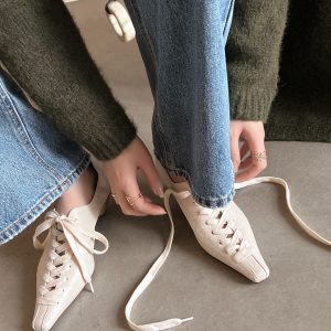 Trendy Lace-Up Small Leather Shoes for Women with Square Toe, Hollow Out Design, Irregular Wedge Heels - Cool Grandma Style Footwear
