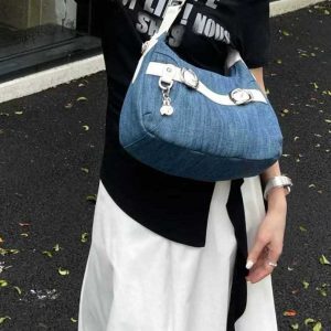 Trendy Large-Capacity Crossbody Denim Bag with Cross-Shaped Belt Decoration for Commuting - Stylish Women's Accessory