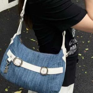 Trendy Large-Capacity Crossbody Denim Bag with Cross-Shaped Belt Decoration for Commuting - Stylish Women's Accessory