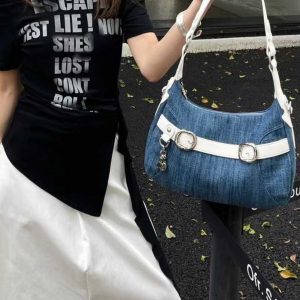 Trendy Large-Capacity Crossbody Denim Bag with Cross-Shaped Belt Decoration for Commuting - Stylish Women's Accessory