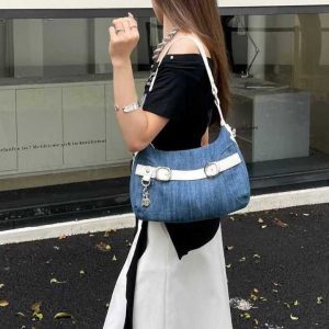 Trendy Large-Capacity Crossbody Denim Bag with Cross-Shaped Belt Decoration for Commuting - Stylish Women's Accessory