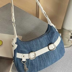 Trendy Large-Capacity Crossbody Denim Bag with Cross-Shaped Belt Decoration for Commuting - Stylish Women's Accessory