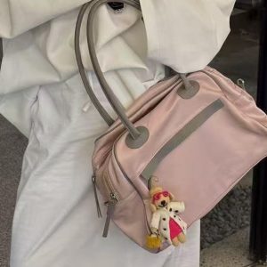 Trendy Large Capacity Spliced Genuine Leather Shoulder Bag - High-Quality Nylon Fabric, Versatile Fashion Accessory for Every Occasion
