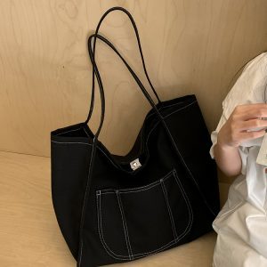 Trendy Large Capacity Tote Canvas Bag for Women, Casual Travel Shoulder Bag with Niche Design and Stylish Lines